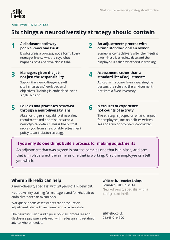 Page two of the guide, listing the six things a neurodiversity strategy should contain